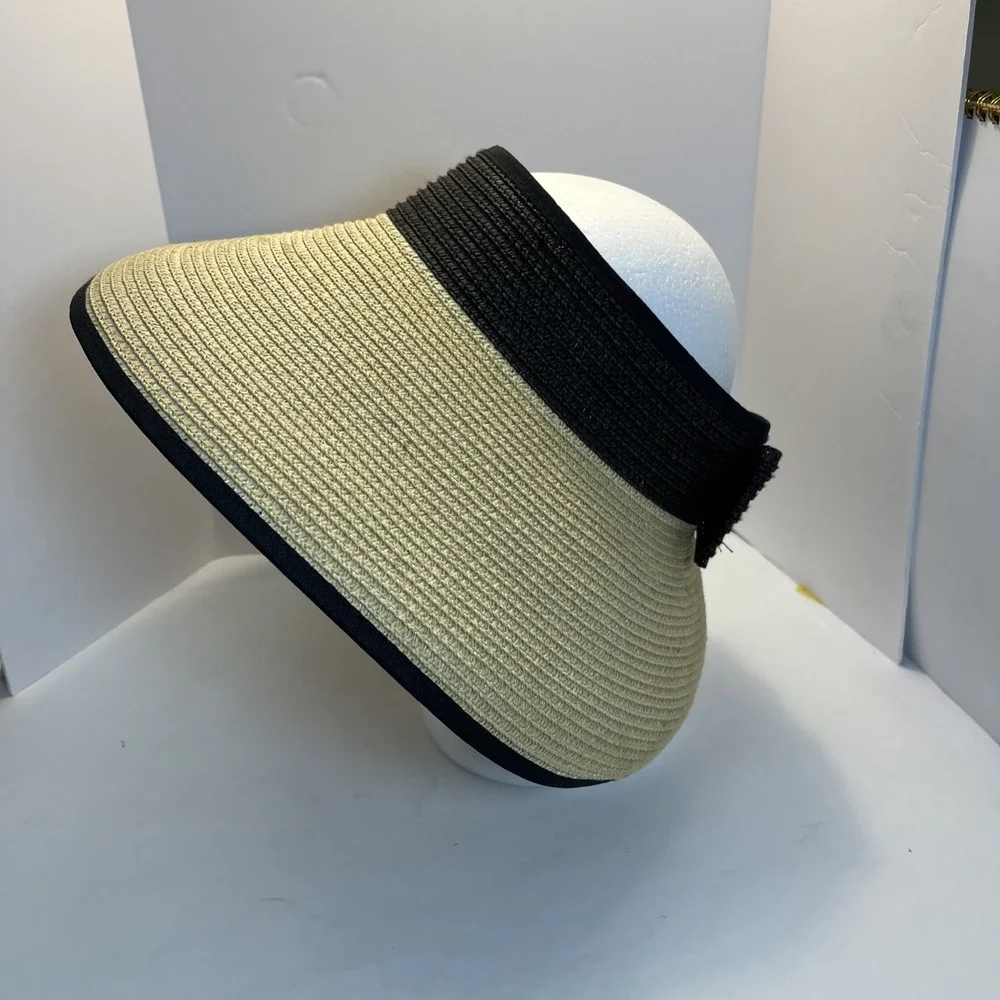 Magid Straw Visor Hat Black Trim Wide Brim Roll-Up Sun Hat w/ Bow‎ 100% Paper